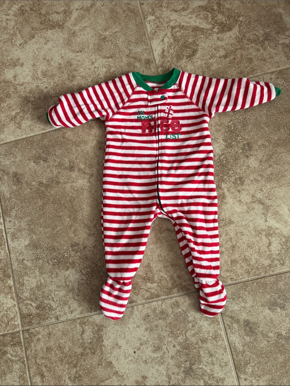 The Children's Place Red & White Striped Footed One-Piece with Green Trim